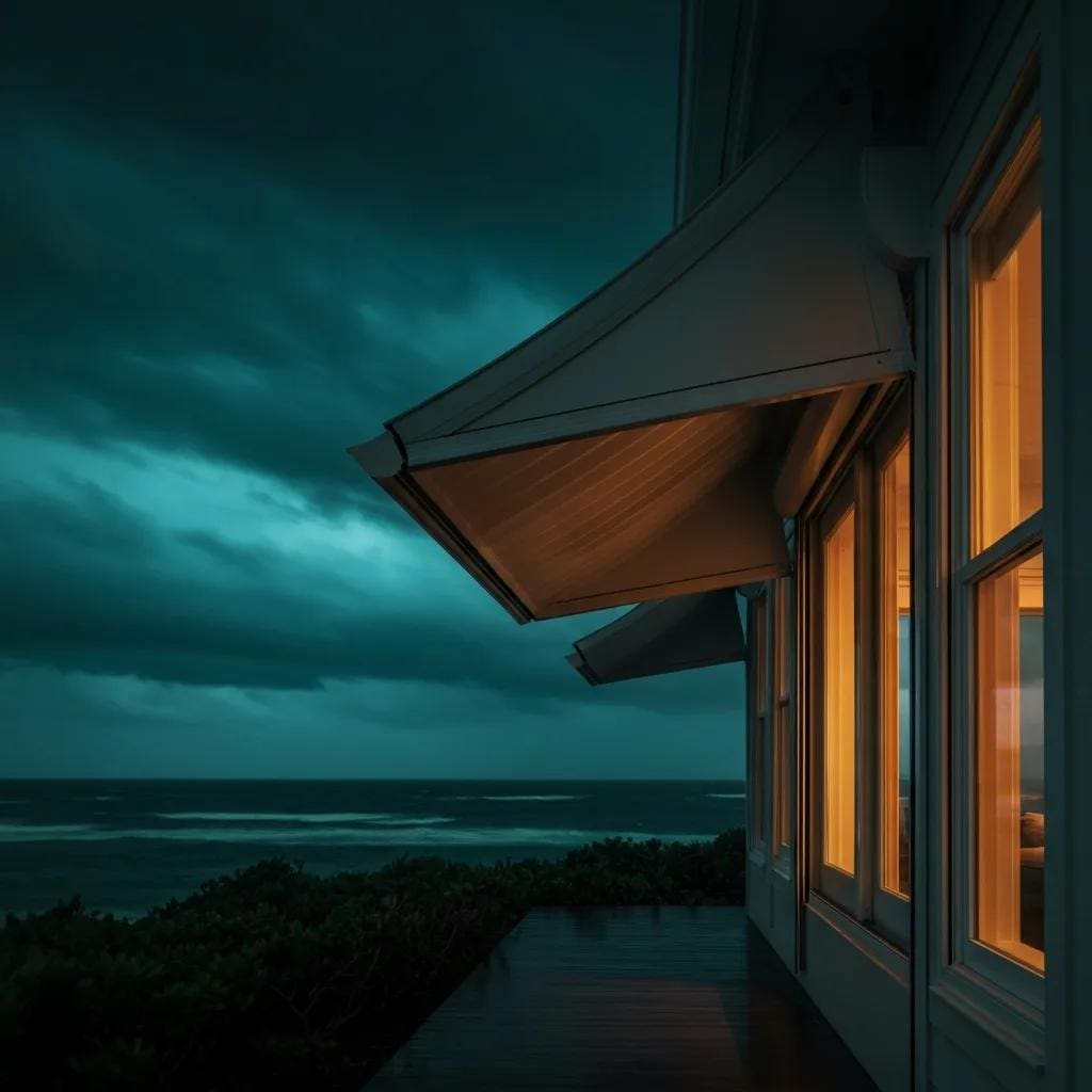Coastal home with roll down hurricane shutters deployed against stormy weather