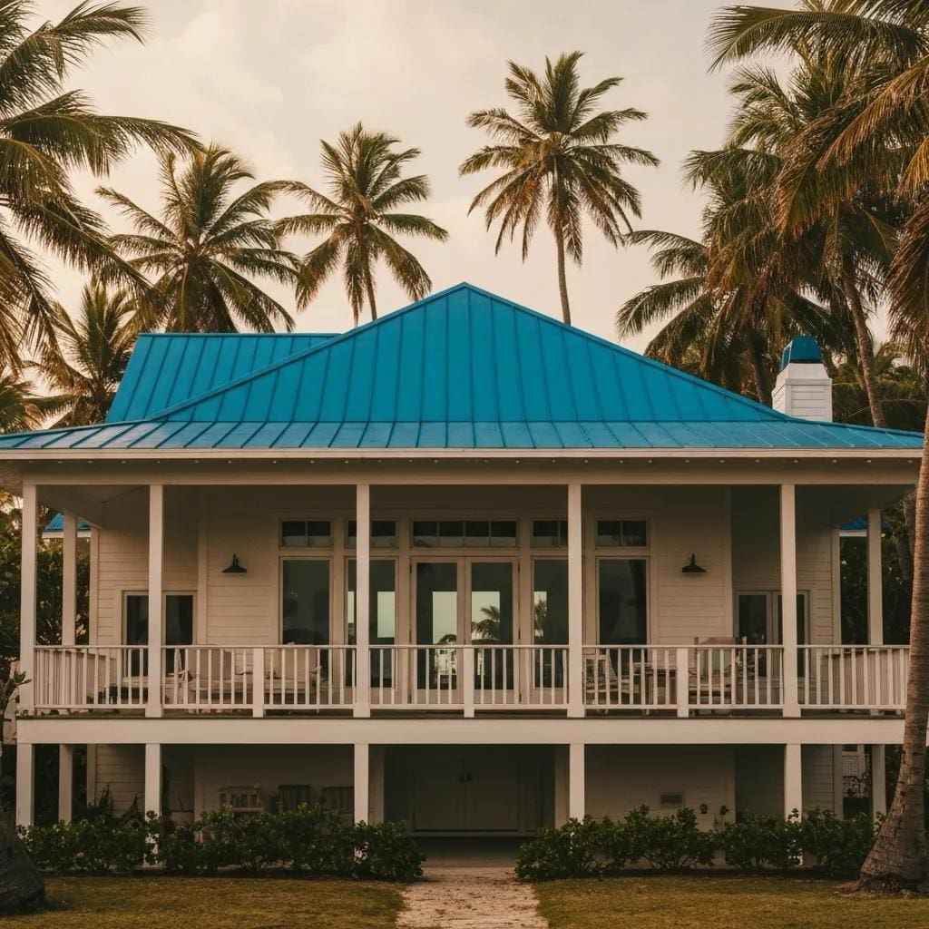 Coastal home with roll down hurricane shutters partially closed against a stormy sky, highlighting security features