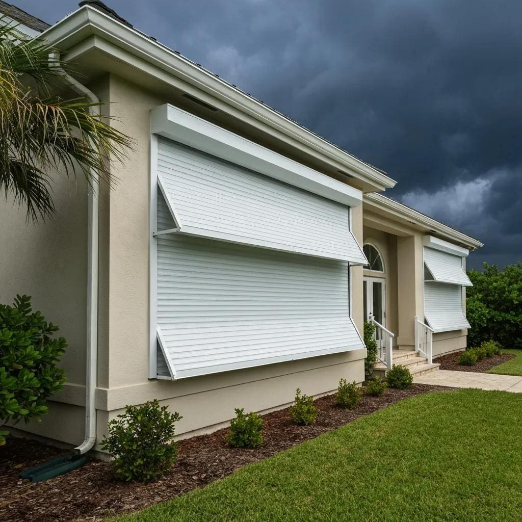 Coastal home with roll down hurricane shutters partially closed, illustrating storm protection and aesthetic appeal