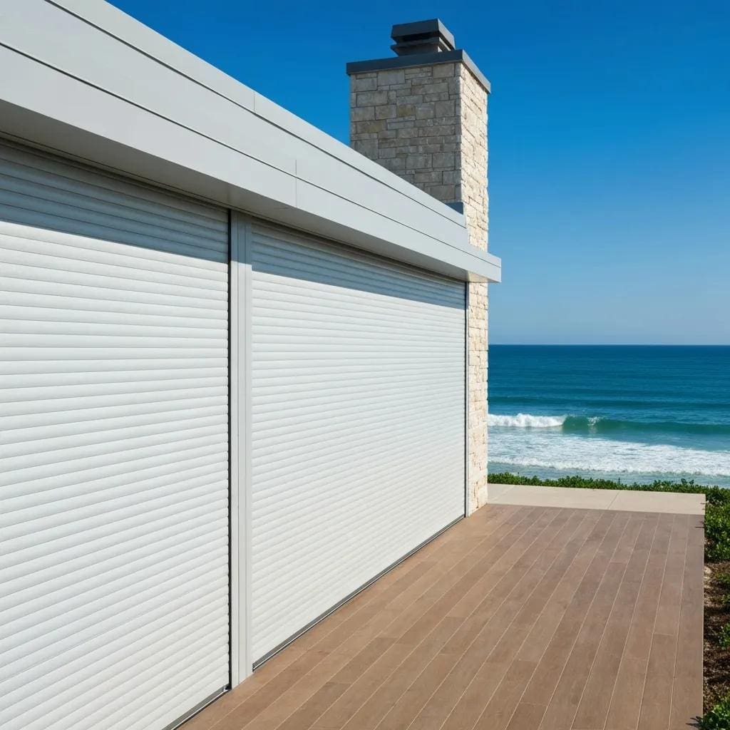 Coastal home with roll down hurricane shutters partially closed, showcasing storm protection and aesthetic appeal