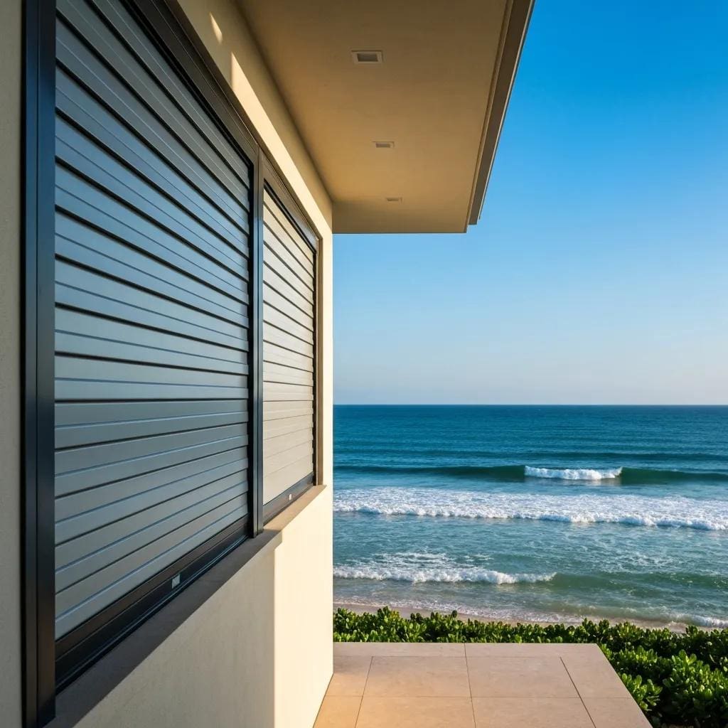 Coastal home with roll-down hurricane shutters partially closed, showcasing storm protection and curb appeal