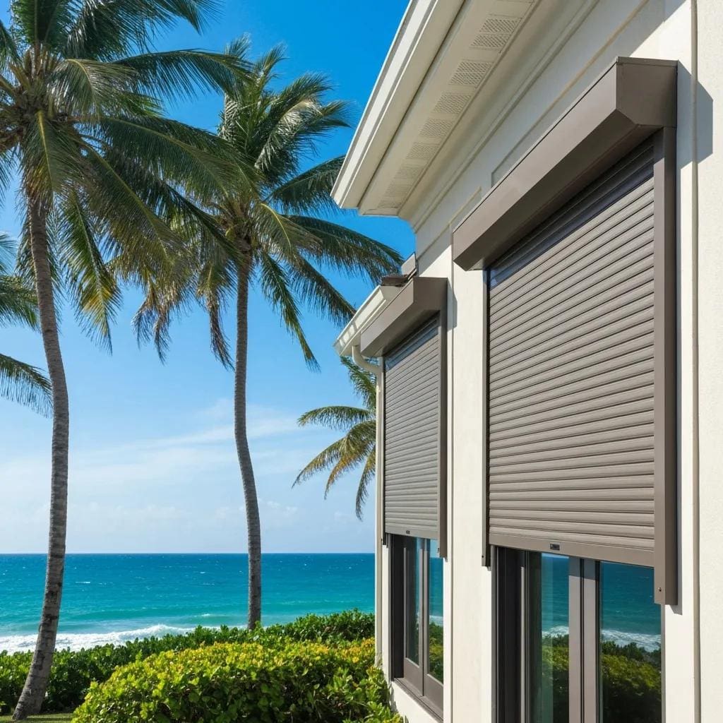 Coastal home with roll down hurricane shutters partially closed, showcasing storm protection features