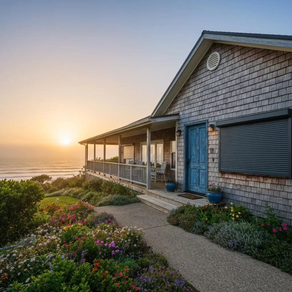 Coastal home with roll down hurricane shutters showcasing protection and design