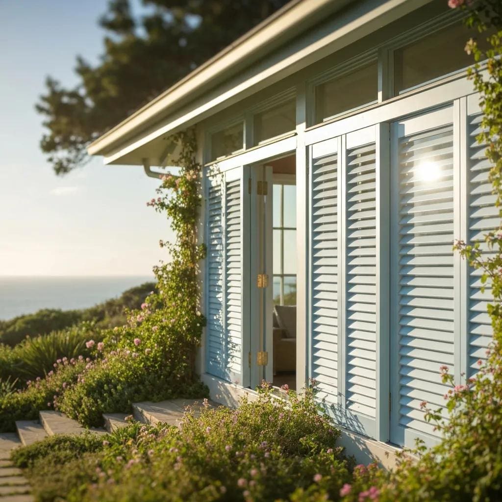 Coastal home with well-maintained accordion shutters, emphasizing maintenance and storm readiness