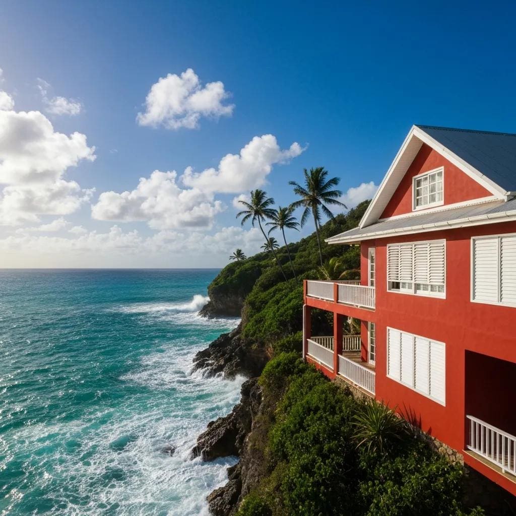Coastal house with accordion shutters, illustrating storm protection and durability