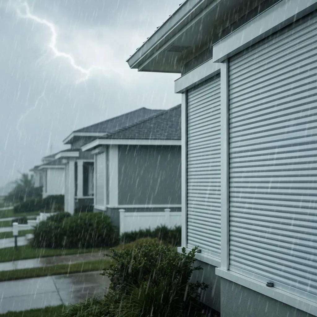 Coastal neighborhood with roll‑down shutters deployed during a storm showing real‑world performance
