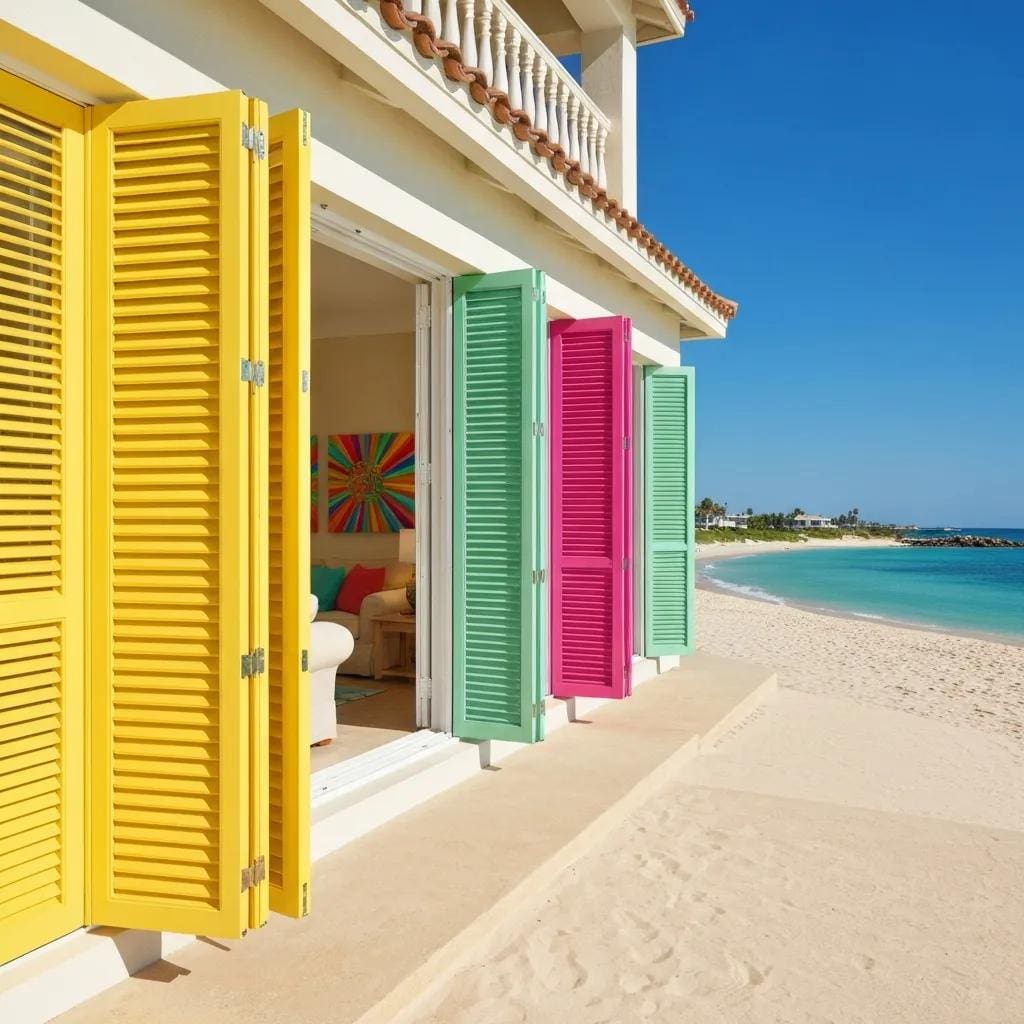 Colorful accordion shutters on a coastal home enhancing curb appeal and storm protection
