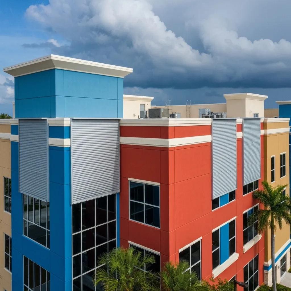 Commercial property equipped with hurricane protection solutions like roll-down shutters and impact-resistant windows