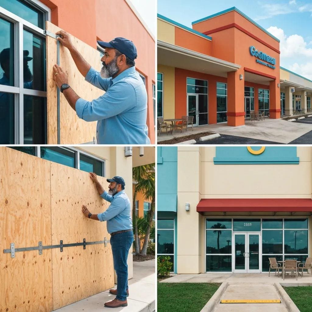 Property manager inspecting a commercial building to prepare for hurricane season, securing openings and rooftop equipment