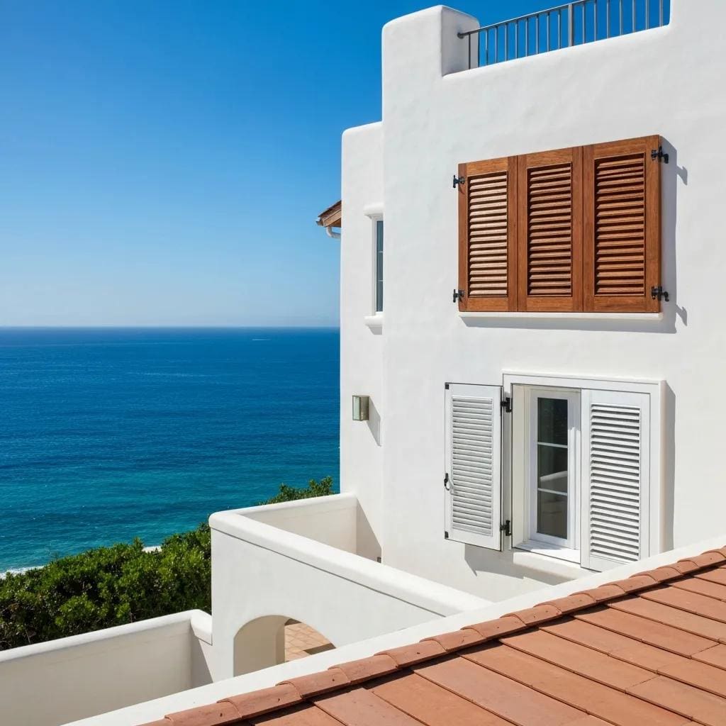 Side-by-side view of accordion, roll-down, and panel shutters on coastal homes