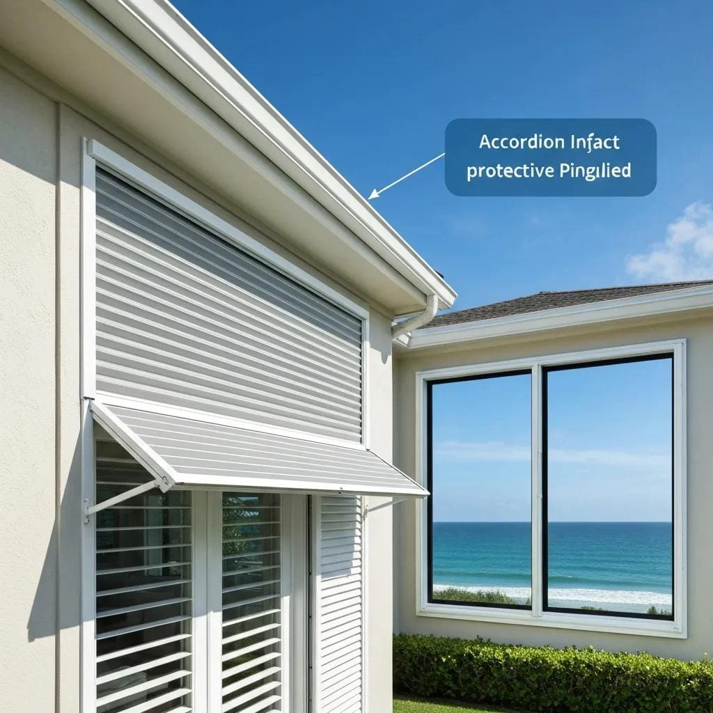 Comparison of accordion shutters and impact windows on a coastal home, highlighting hurricane protection options
