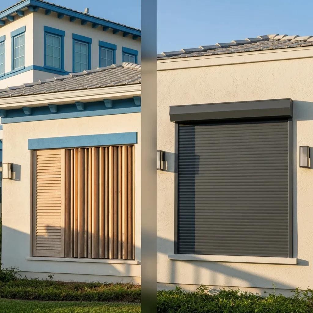 Comparison-of-accordion-shutters-and-roll-down-hurricane-shutters-on-a-coastal-home-5592e126-cf49-4d0c-9b7f-37375eaf6905webp - american hurricane shutters Side‑by‑side view of accordion and roll‑down shutters on a coastal house