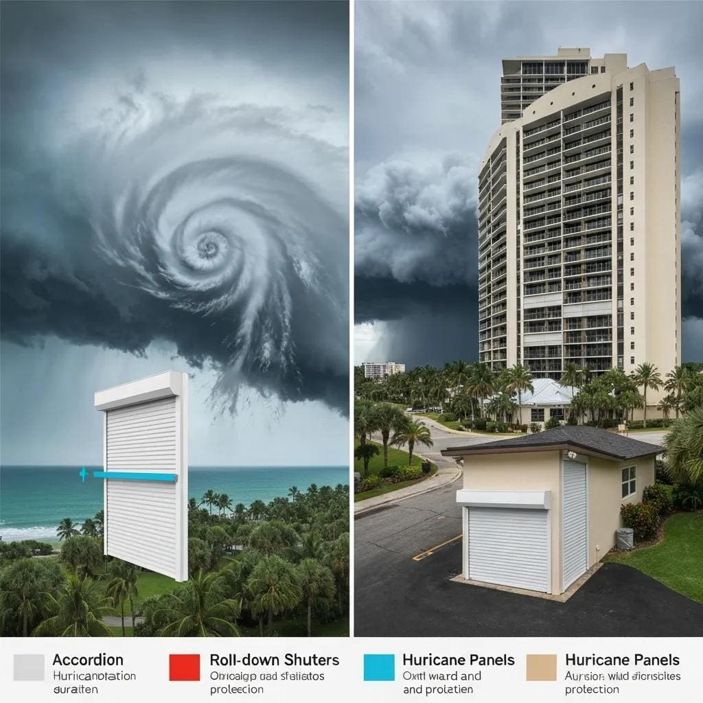 Side-by-side view of accordion, roll-down and panel shutter options for coastal homes