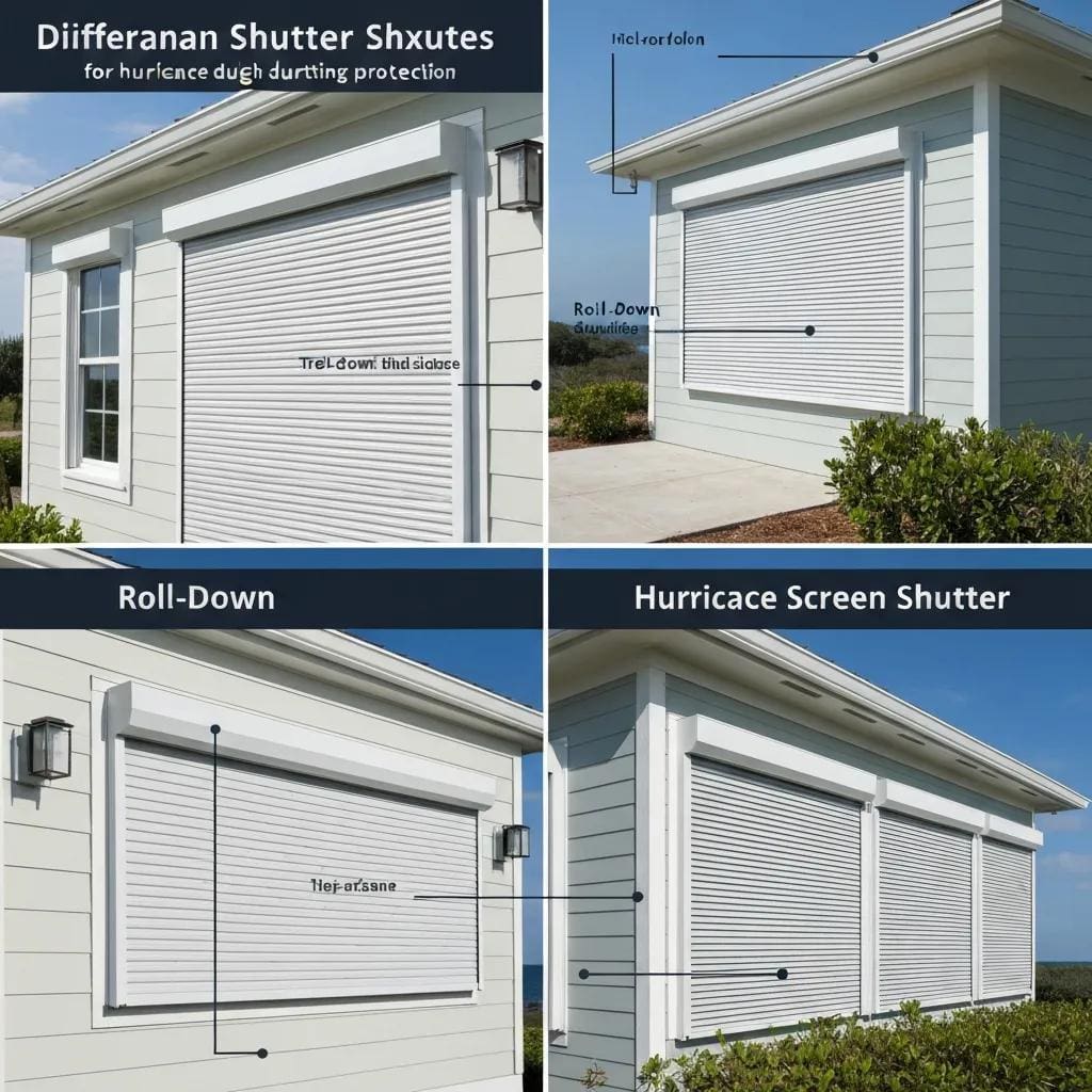 Side-by-side comparison of accordion, rolldown, and screen storm protection options
