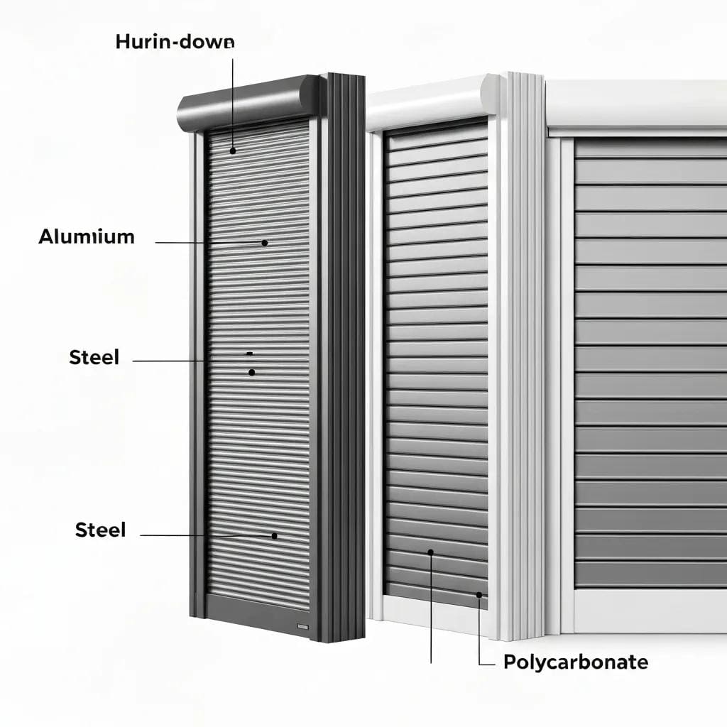 Side-by-side comparison of aluminum, steel, and polycarbonate roll-down shutters, highlighting different finishes and textures