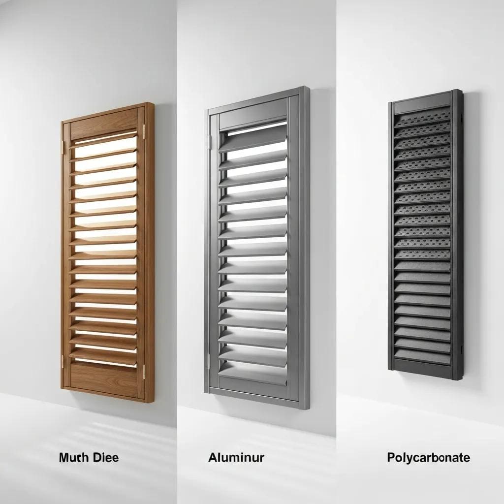 Aluminum, steel, and polycarbonate roll‑down shutters displayed for material comparison