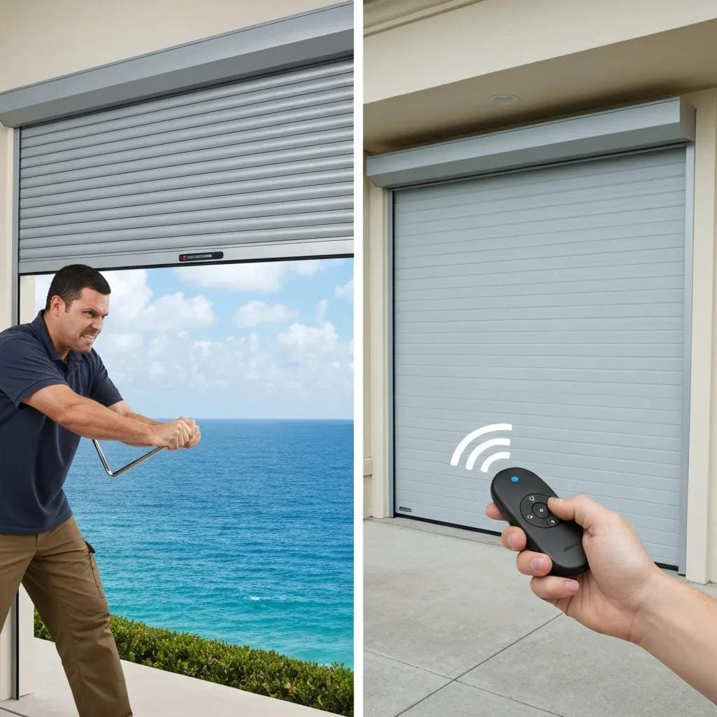 Side-by-side view of manual and electric roll-down shutters on coastal properties