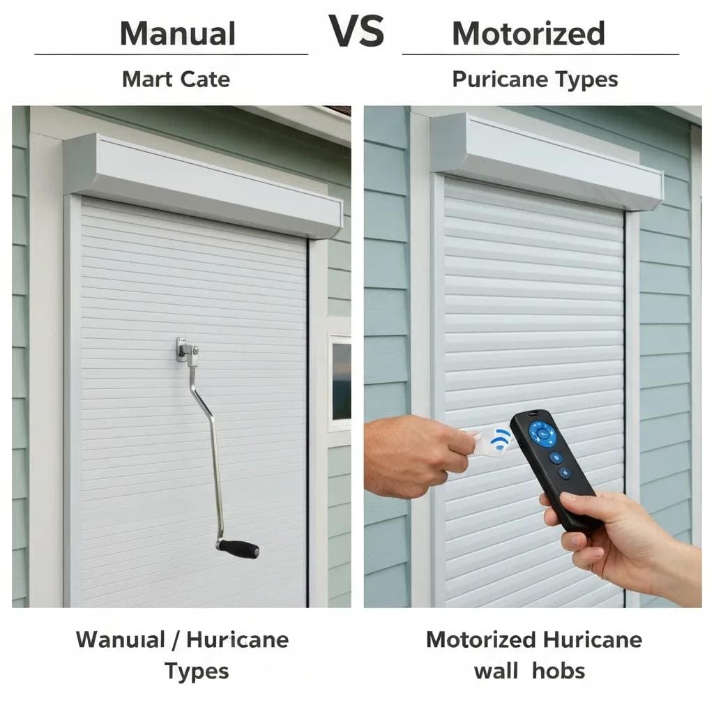 Side-by-side view of manual and motorized roll-down hurricane shutters on a coastal home