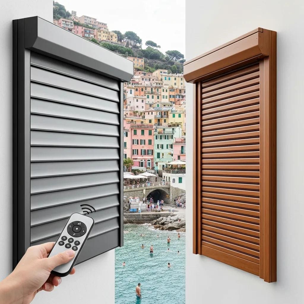 Side-by-side comparison of motorized and manual roll-down hurricane shutters on a coastal home