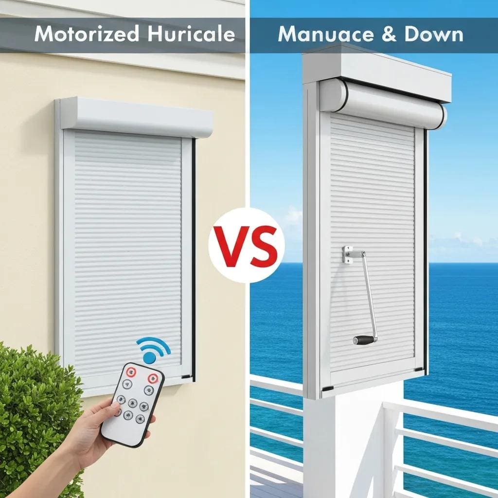 Side‑by‑side view of motorized and manual roll‑down hurricane shutters on coastal homes