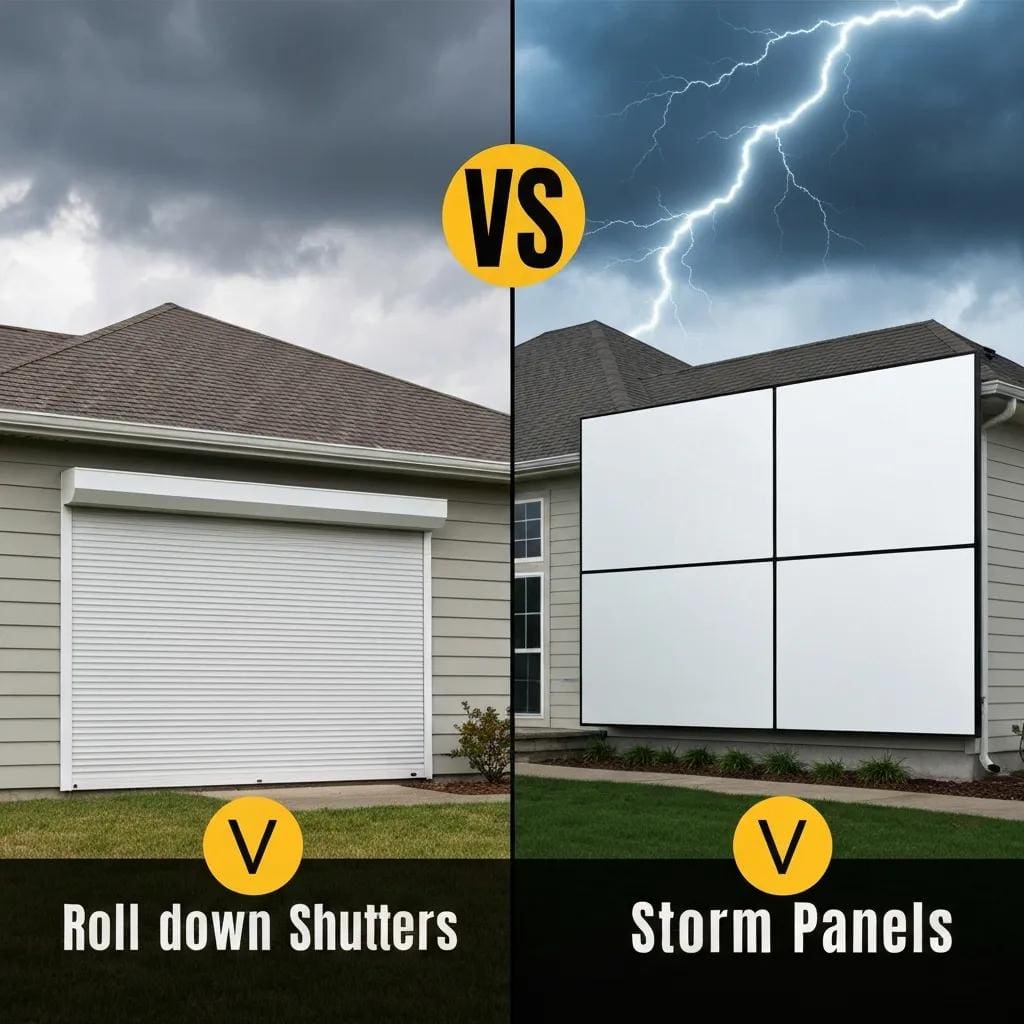 Side‑by‑side comparison of roll‑down shutters and storm panels protecting coastal windows