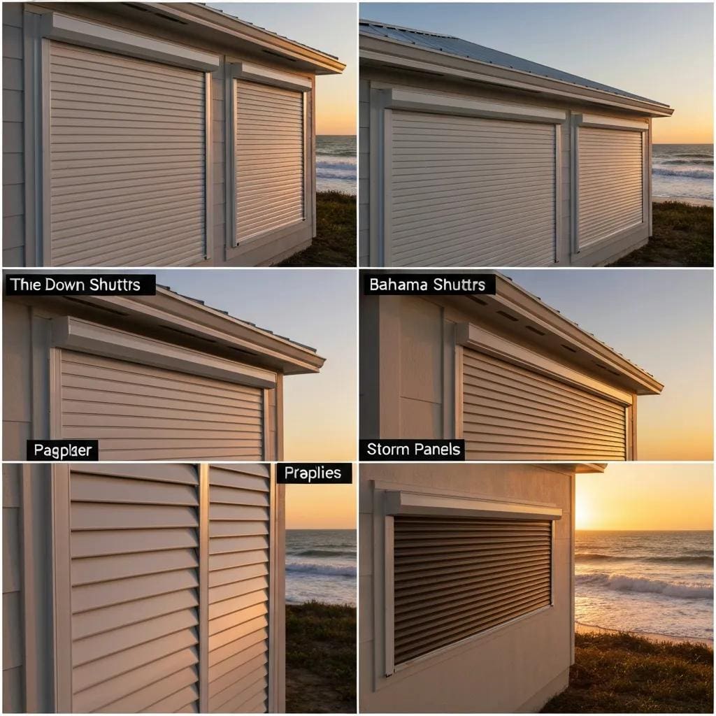 Side-by-side view of accordion, roll-down, Bahama, and storm panel options on coastal homes