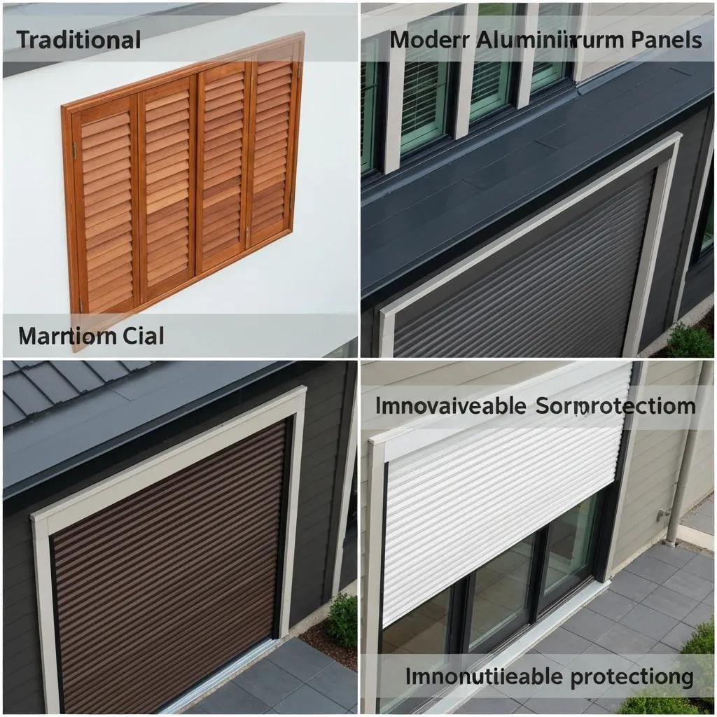 Array of storm protection options: roll down, accordion, and removable panels in a coastal setting