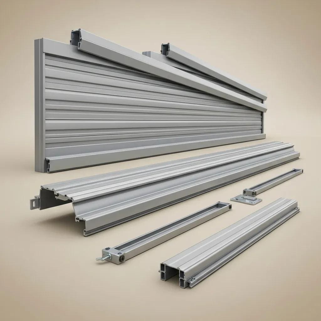 Close view of roll‑down shutter parts: slats, housing, and guide tracks, illustrating their design and function