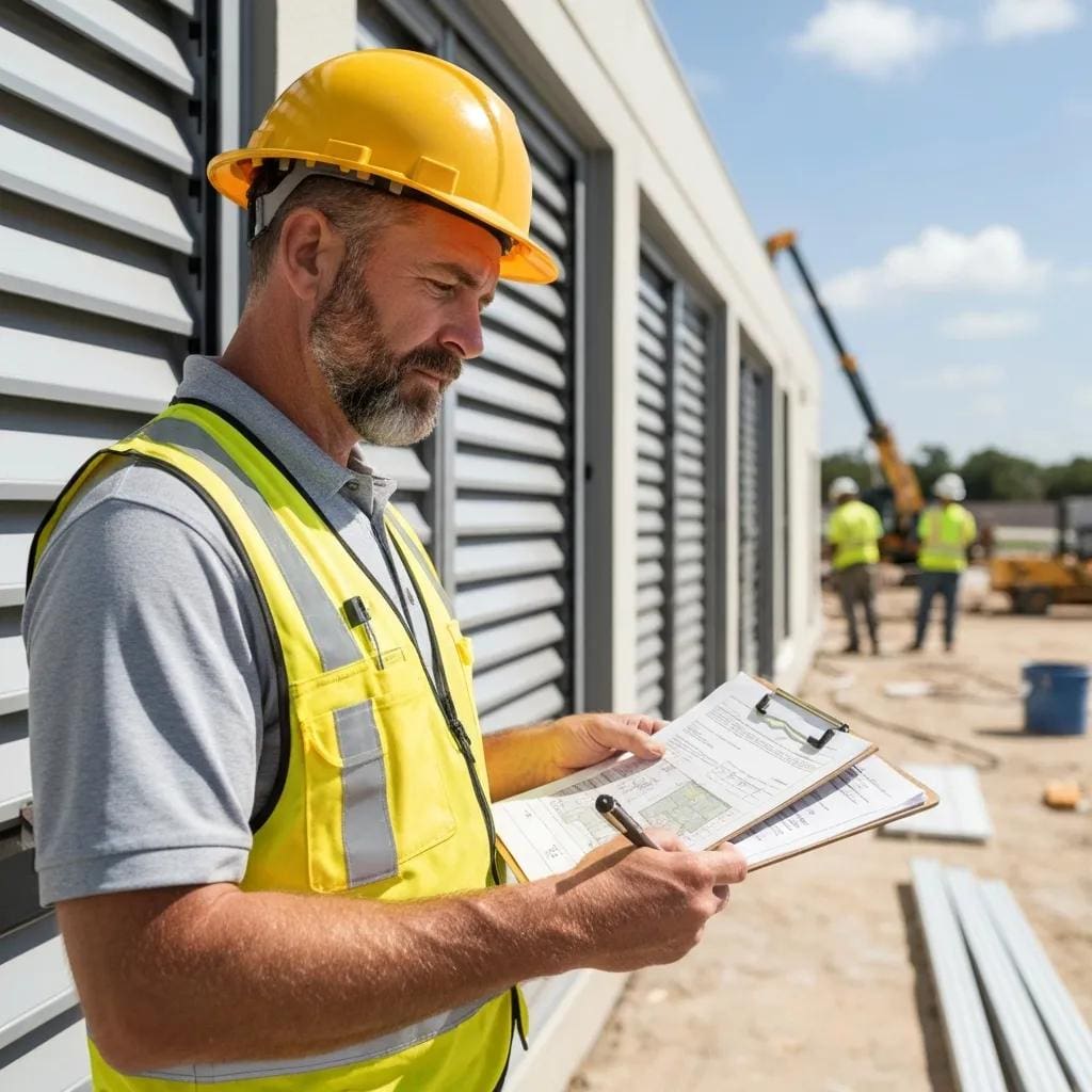 Contractor reviewing permit documents for hurricane shutters on site &mdash; compliance and preparation