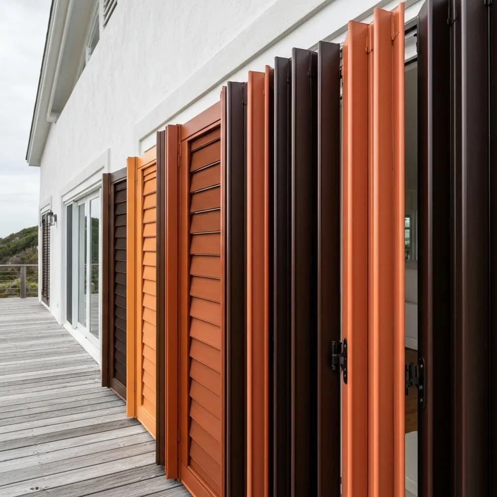 Sample swatches of custom powder-coated accordion shutters showing coastal color options
