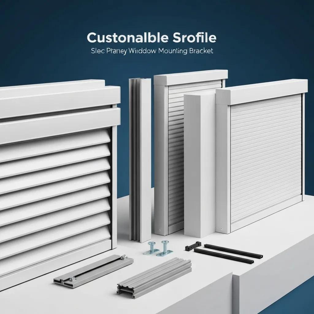 Diagram of customizable roll-down shutter components, showing slats, tracks, housing, and motor options