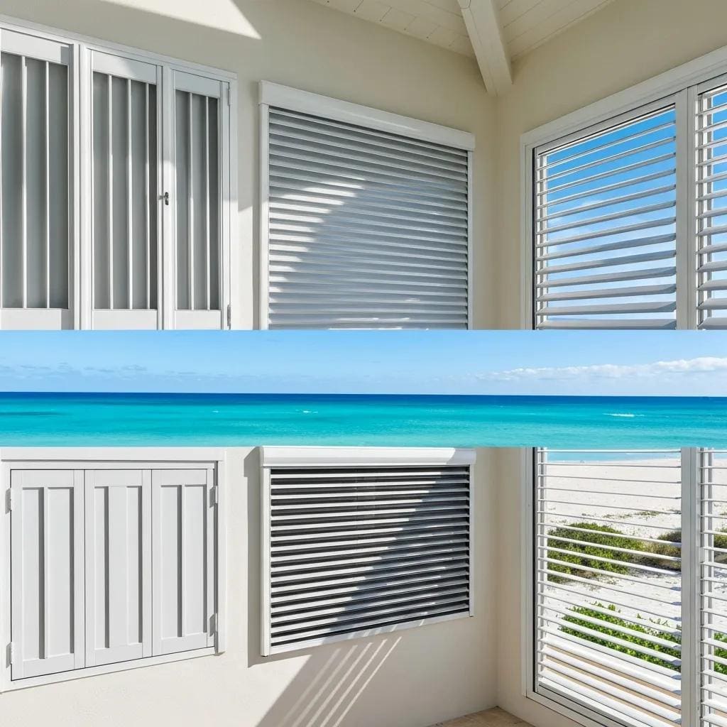 Assorted aluminum hurricane shutter styles installed on a coastal home