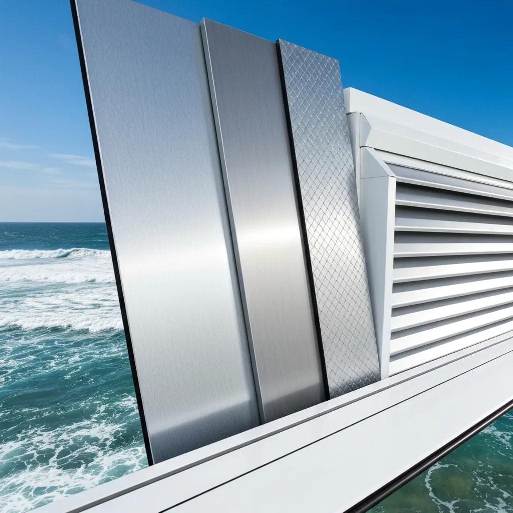 Marine-grade aluminum panels and 316 stainless steel fasteners displayed for accordion shutters