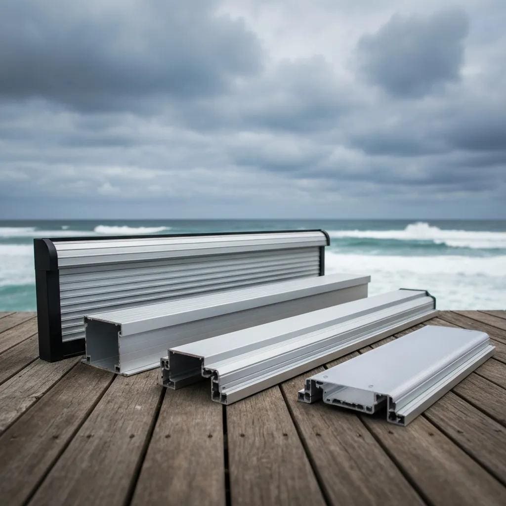 Display of materials for roll down hurricane shutters emphasizing durability and coastal suitability