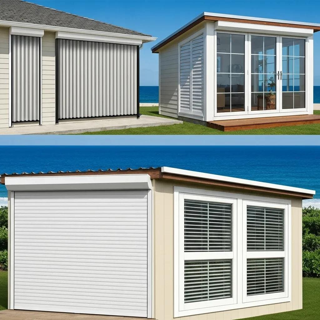 Diverse hurricane shutters on a coastal home, showcasing protection against storms