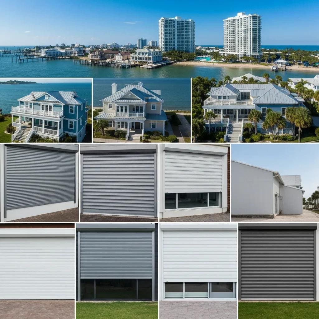 Durable hurricane shutter materials including aluminum, steel, polycarbonate, and fabric displayed in a coastal setting