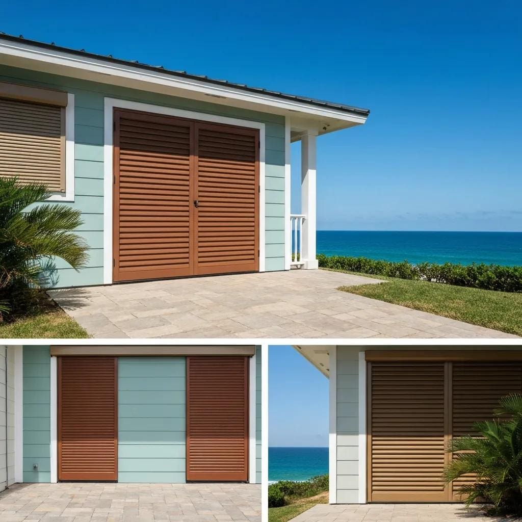 Durable hurricane shutters on a coastal home, showcasing various styles for storm protection
