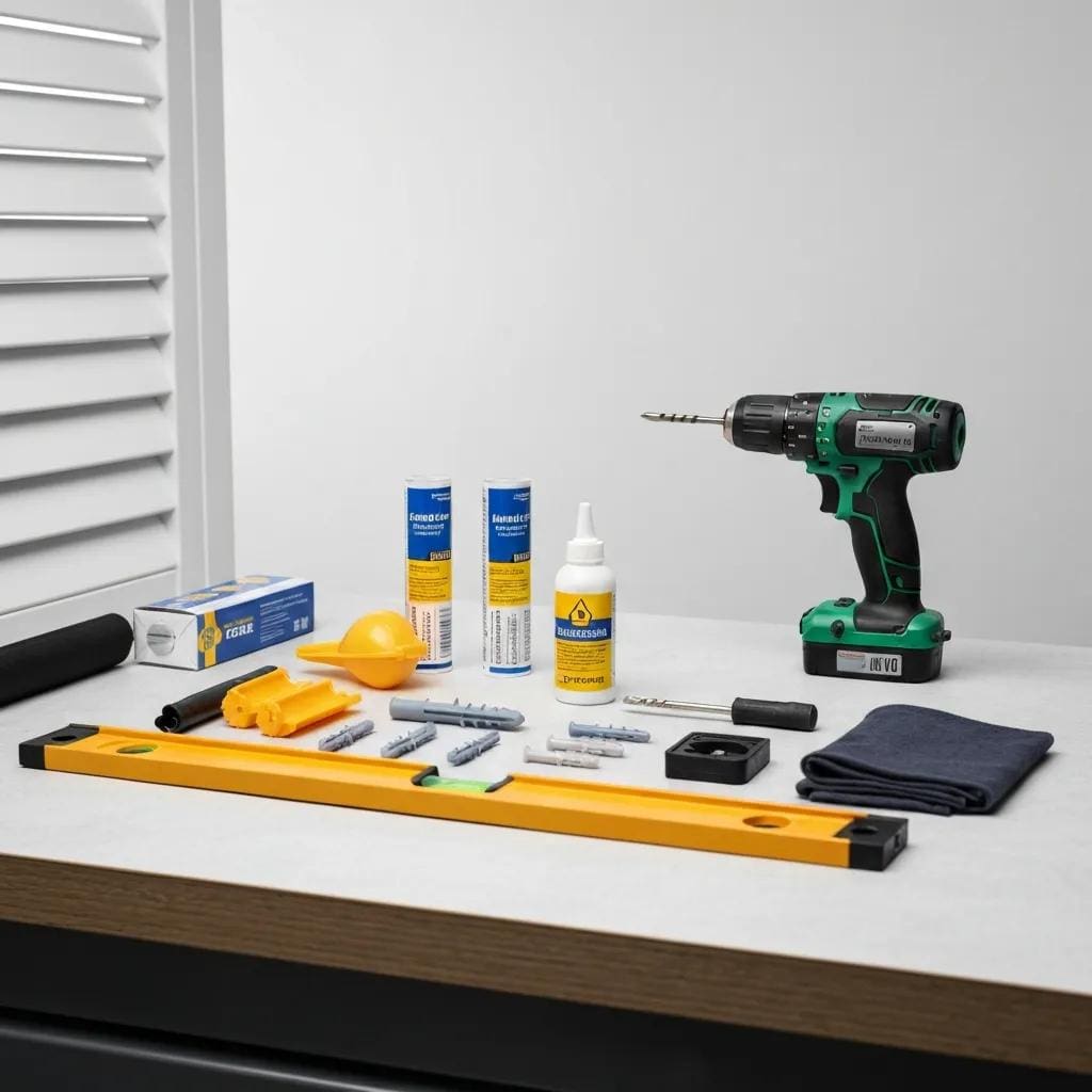 Essential-tools-and-materials-for-accordion-shutter-installation-including-drill-level-and-anchors-f364a508-7fa0-4a92-a9c8-35c72bdbbcbcwebp - american hurricane shutters Drill, level, anchors and other tools used for accordion shutter installation