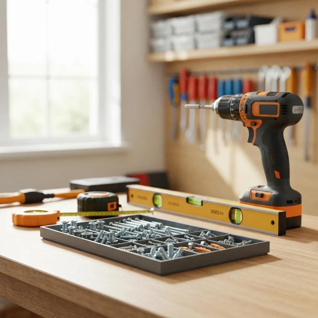 Essential-tools-and-materials-for-accordion-shutter-installation-on-a-workbench-c98588a3-a4e6-441c-9ac8-c10e968e7cb3webp - american hurricane shutters Essential tools and materials for accordion shutter installation on a workbench