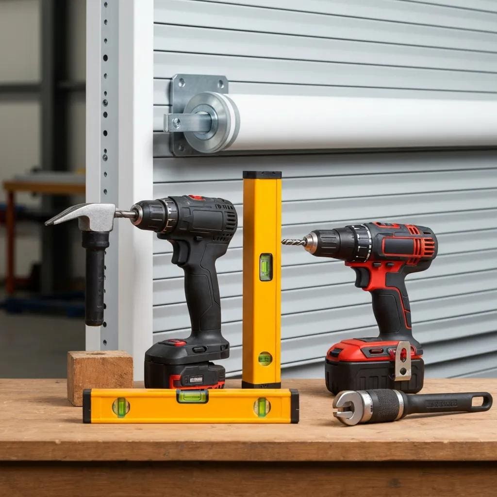 Essential tools for roll-down shutter installation arranged on a workbench