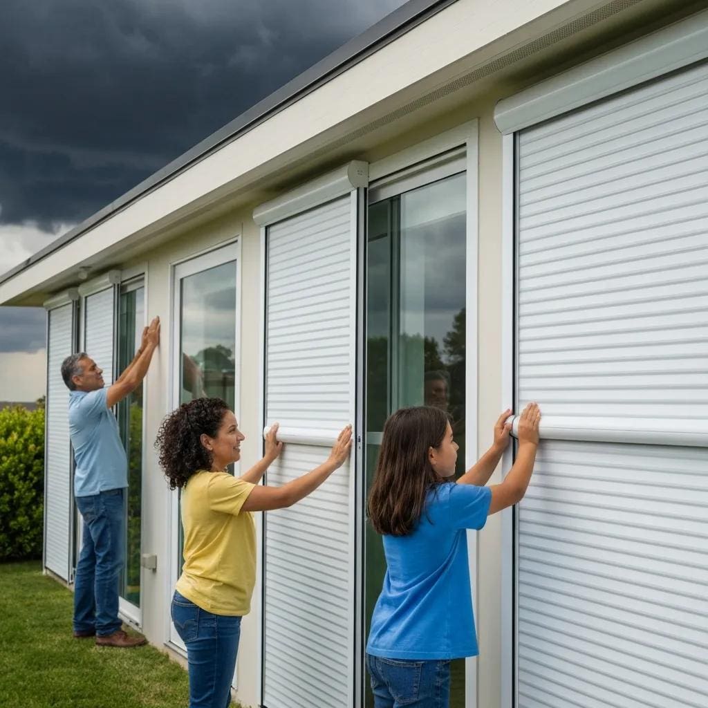 Family-deploying-accordion-shutters-for-storm-protection-illustrating-ease-of-use-bfdb09fb-ac02-4ea6-93f3-1f5bab720974webp - american hurricane shutters Family deploying accordion shutters for storm protection, illustrating ease of use