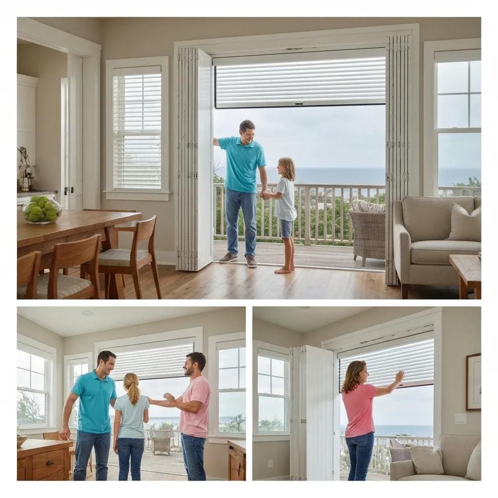 Family deploying accordion shutters, showcasing ease of use and storm preparedness