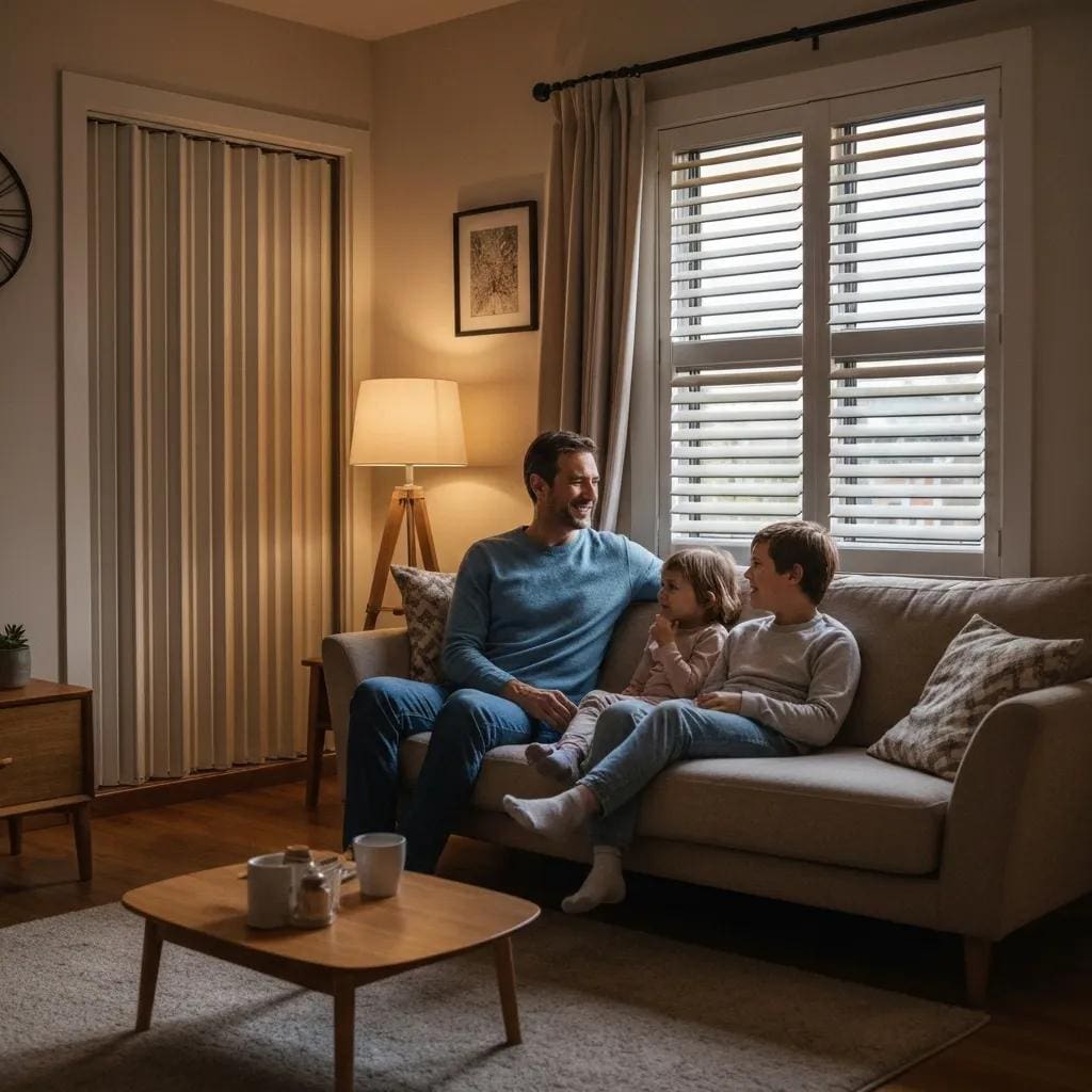 Family-enjoying-a-quiet-living-room-with-closed-accordion-shutters-showcasing-user-satisfaction-9939203f-f158-4bbd-ac33-1efe11073871webp - american hurricane shutters Family relaxing in a quieter living room with closed accordion shutters, showing homeowner satisfaction