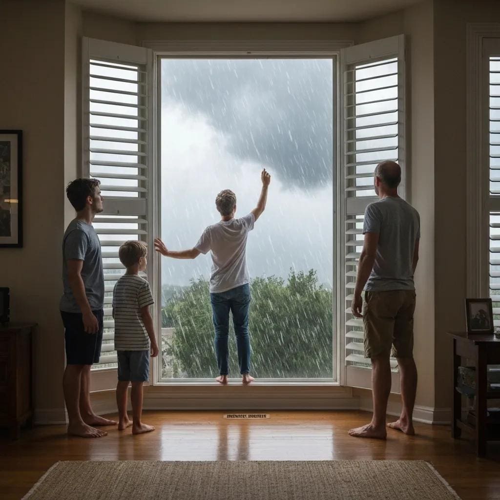 Family staying safely inside while checking a stuck roll‑down shutter