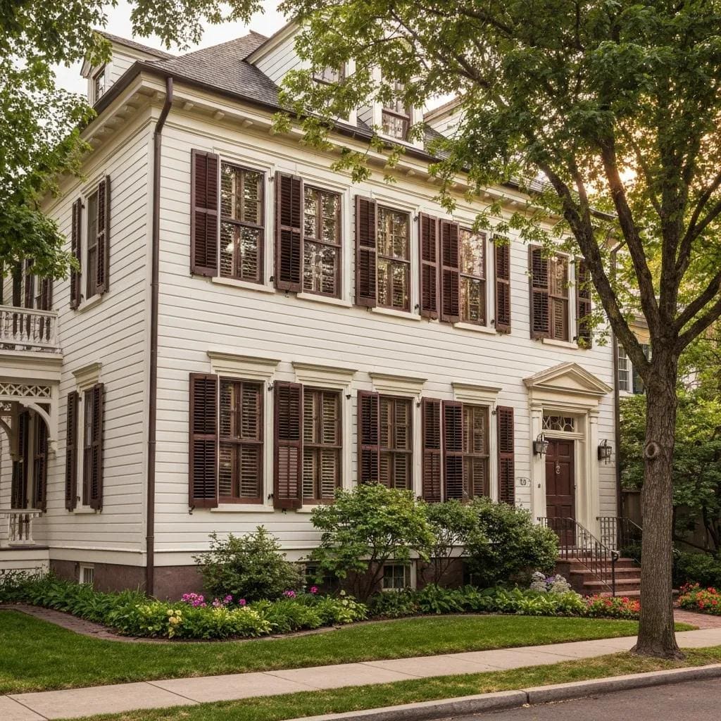 Historic home with Colonial shutters, showing decorative hardware and classic curb appeal