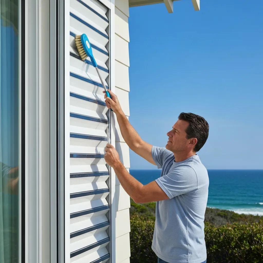 Homeowner cleaning accordion shutters on a coastal home, emphasizing maintenance and care