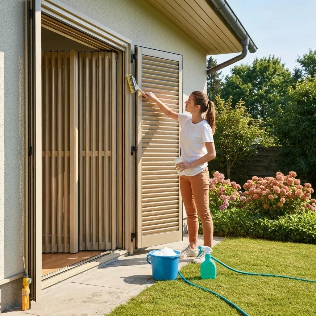 Owner cleaning accordion shutters with a soft brush and mild soap — routine coastal maintenance