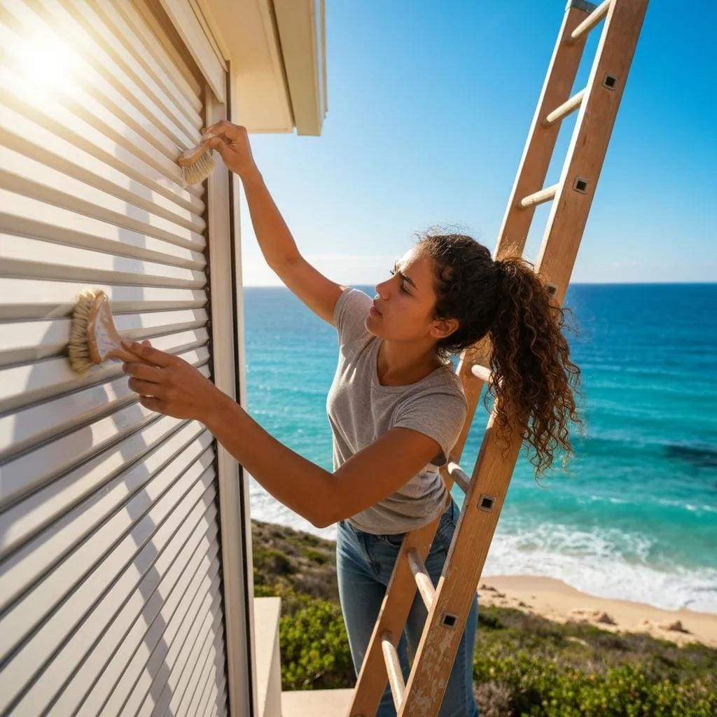 Homeowner washing accordion shutters with a soft brush and mild soap near the coast