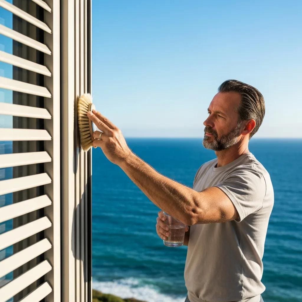 Homeowner gently cleaning accordion shutters with a soft brush at a coastal home