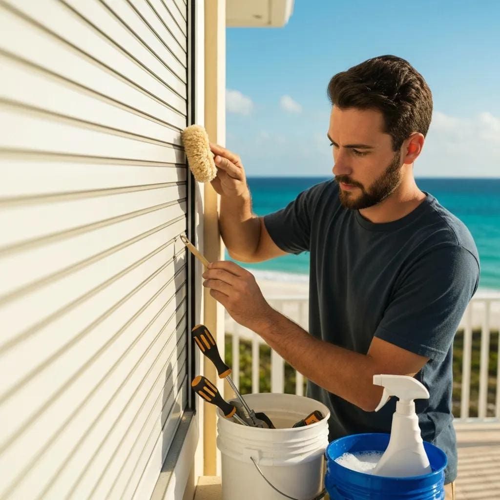 Homeowner rinsing and brushing roll-down shutter tracks as routine maintenance